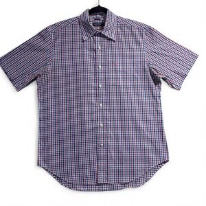Nautica Mens Short Sleeve Button Down Shirt Large Blue Red Plaid Cotton Wrinkle